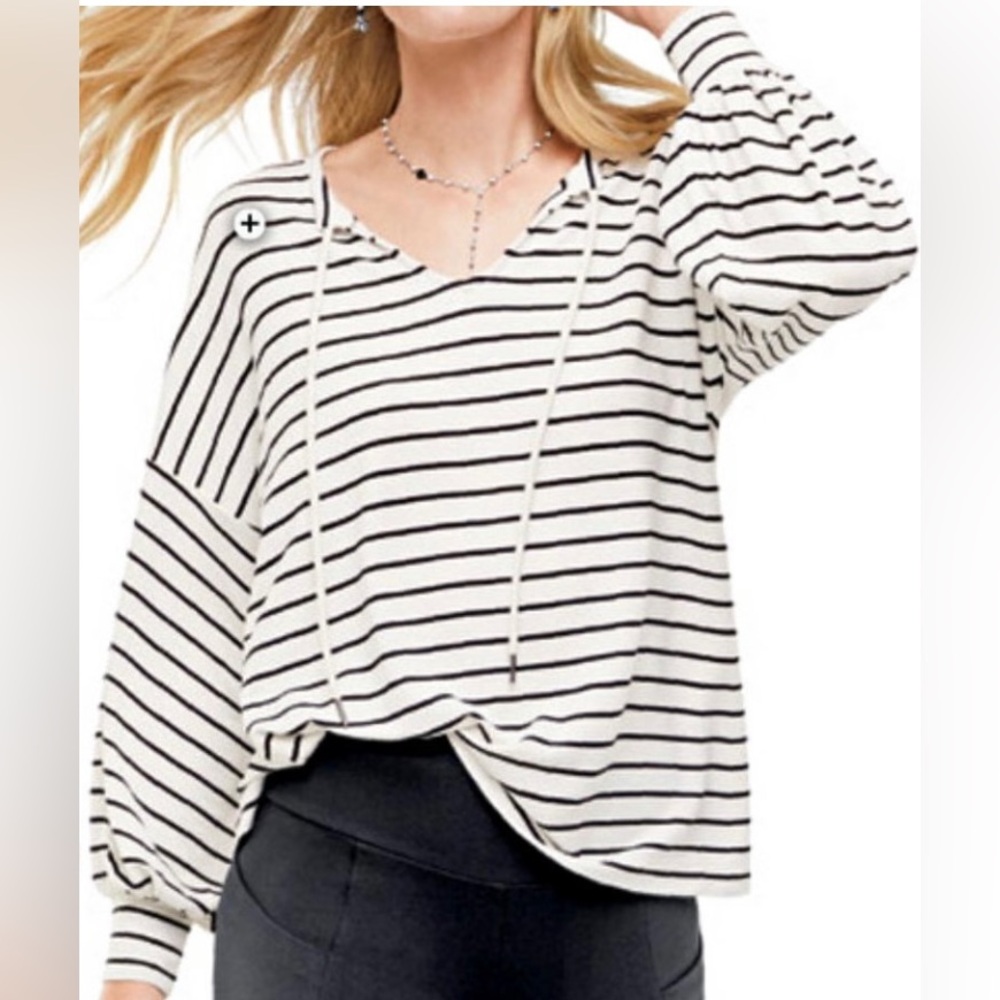 Cabi Womens Relax Game Day Striped Sweatshirt Balloon Sleeve White Medium